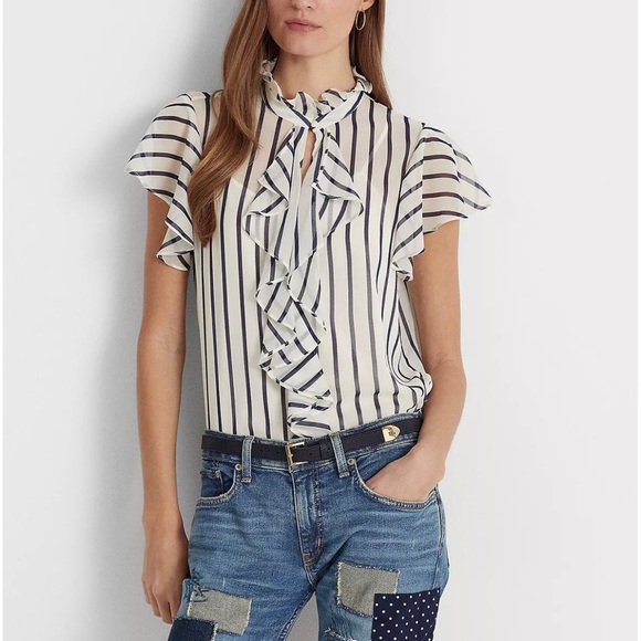 LAUREN RALPH LAUREN STRIPED RUFFLE TRIM CHIFFON BLOUSE SIZE (XSP). - Picture 1 of 14
